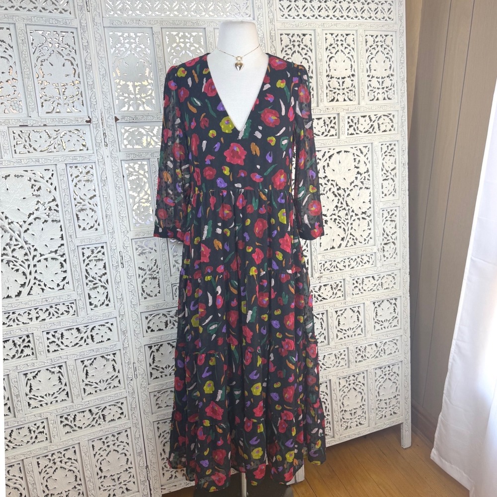 Crosby By Mollie Burch Tiered Colorful Midi Dress XS Artsy Prairie Watercolor
